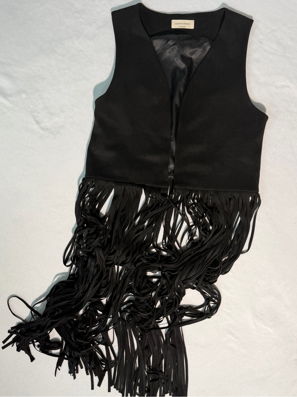 Saints & Hearts Black Faux Suede Long Fringe Vest Large Western Boho